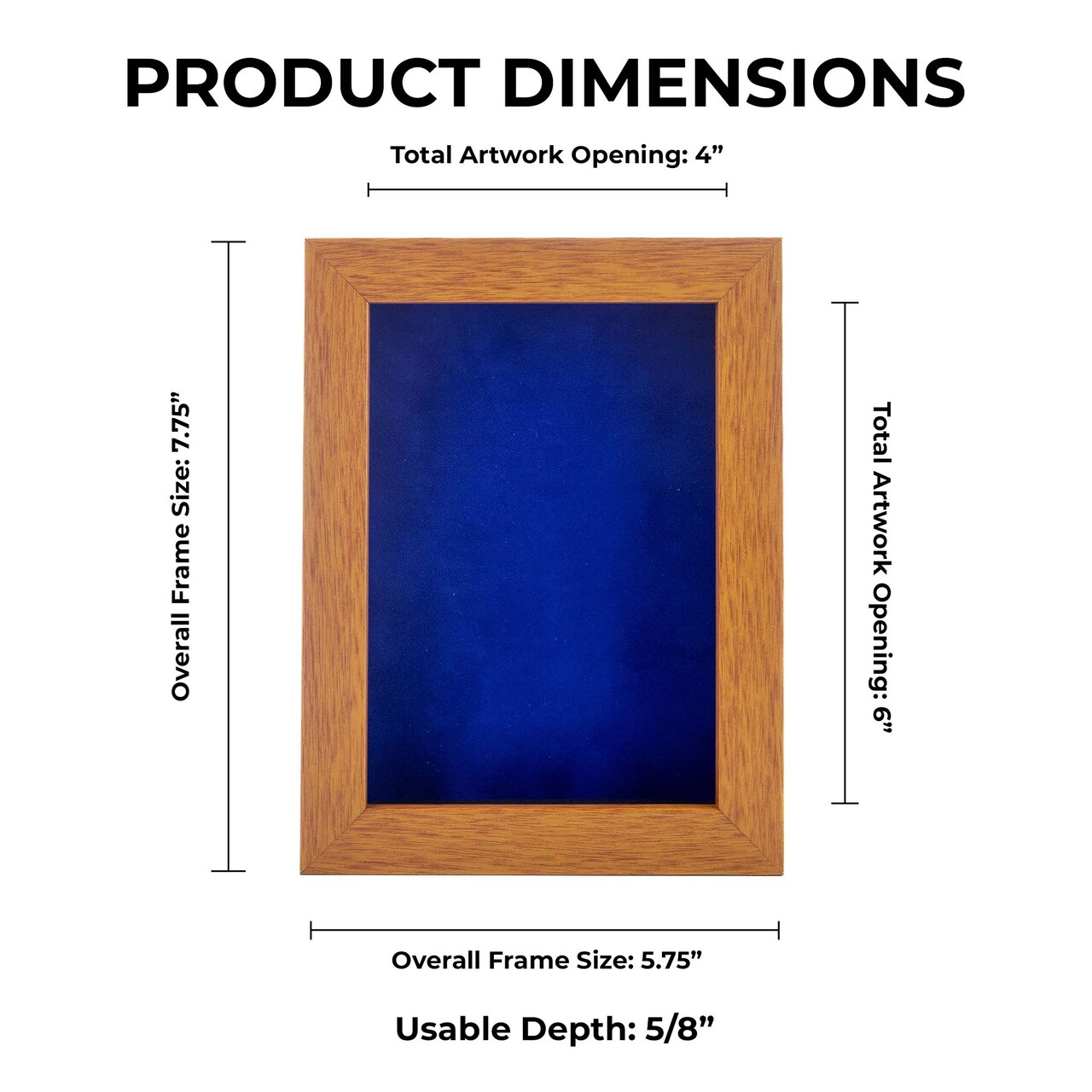 Warm Honey Brown Wood Shadow Box Frame with Acrylic Front - Royal Blue Suede Backing, 30 Sizes